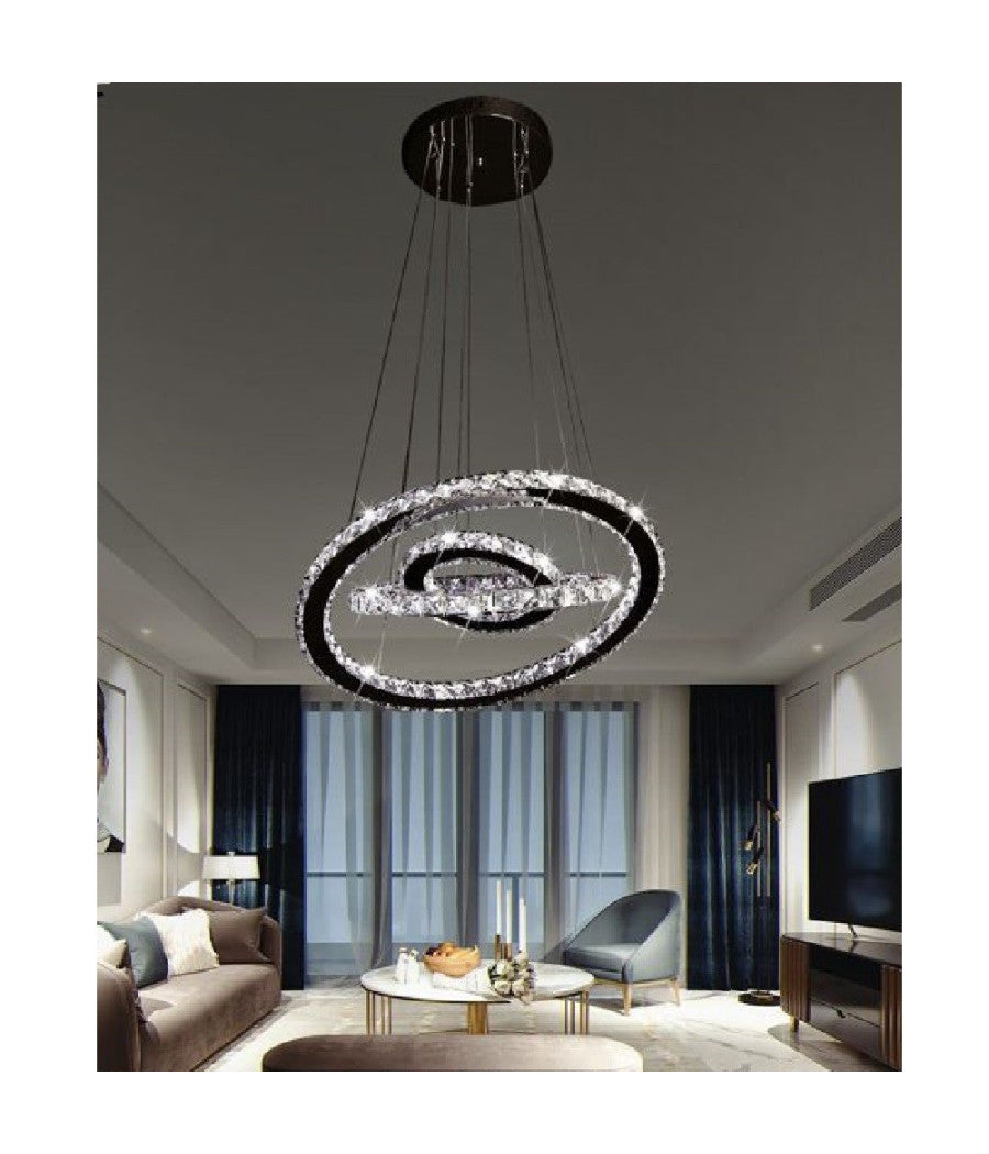 Trade Shop - Lampadario Led Sospensione 55w 3 Anelli Cristalli Acrilico Luce 6500k 4000k B50 -