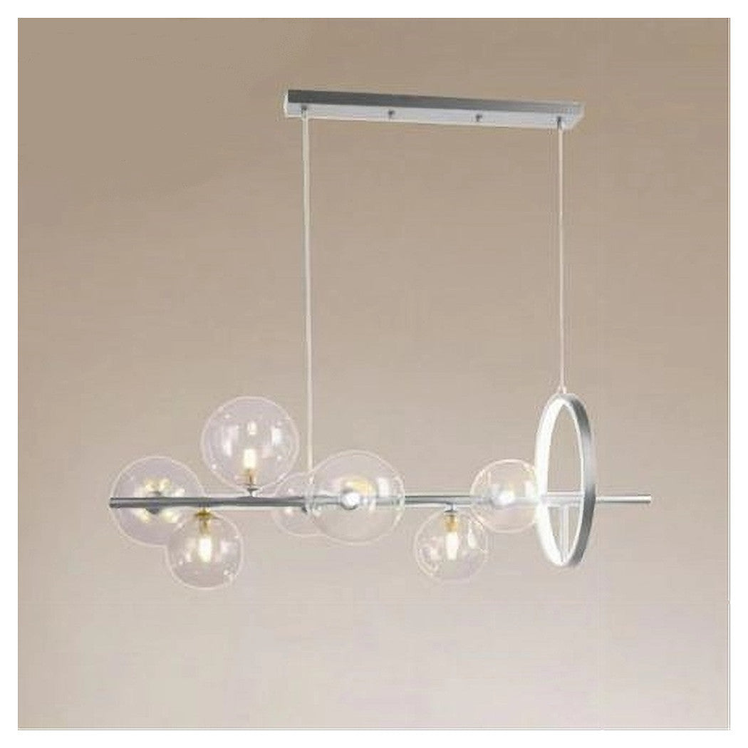 Trade Shop - Lampadario Moderno A Sospensione Argento 7 Sfere G9 Bolle In Vetro Con Cerchio 71690         