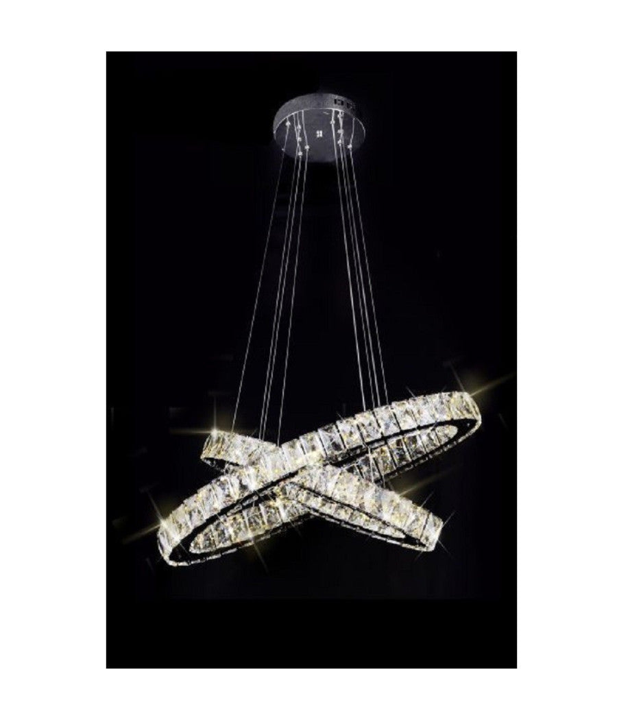 Lampadario Moderno A Sospensione Led Luce Fredda 40w 2 Anelli Ovali Cristalli B49         