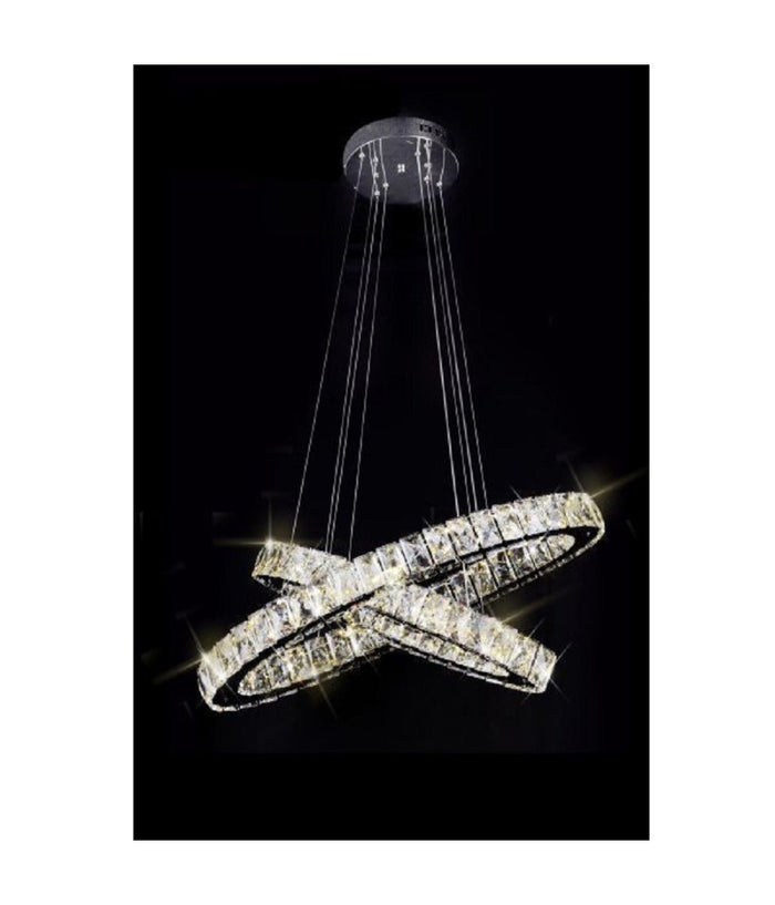 Lampadario Moderno A Sospensione Led Luce Fredda 40w 2 Anelli Ovali Cristalli B49         