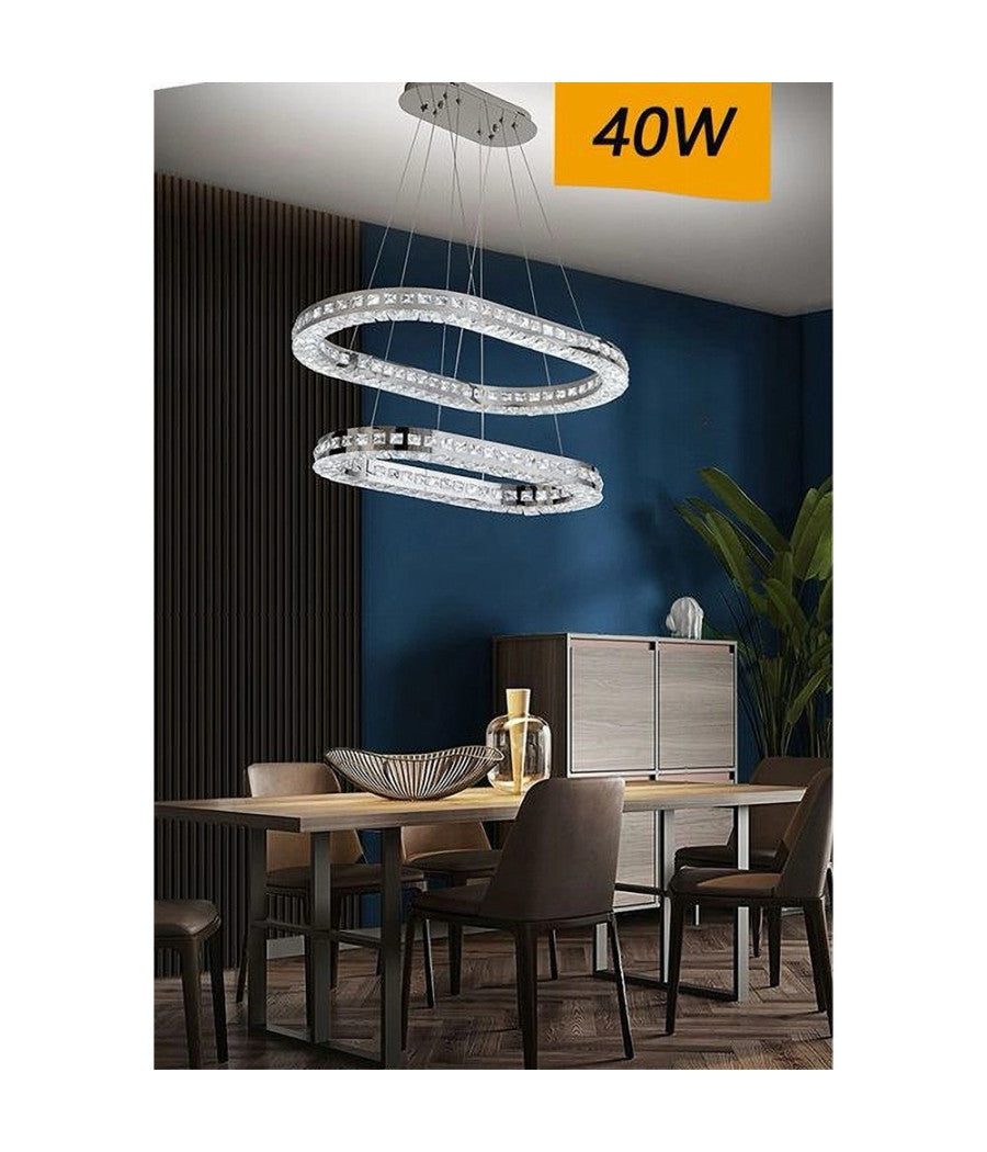 Lampadario Moderno A Sospensione Led Luce Fredda 40w 2 Anelli Ovali Cristalli B49         
