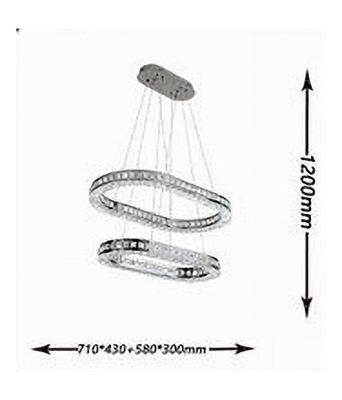 Lampadario Moderno A Sospensione Led Luce Fredda 40w 2 Anelli Ovali Cristalli B49         