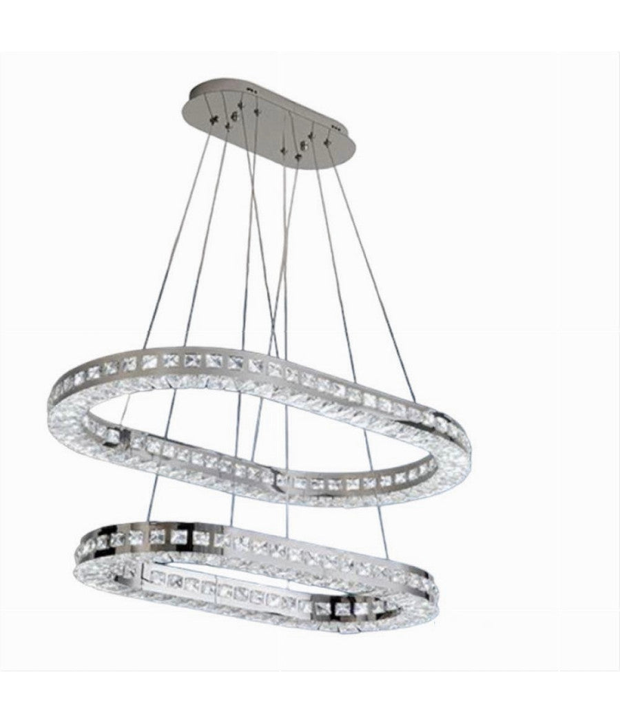 Lampadario Moderno A Sospensione Led Luce Fredda 40w 2 Anelli Ovali Cristalli B49         
