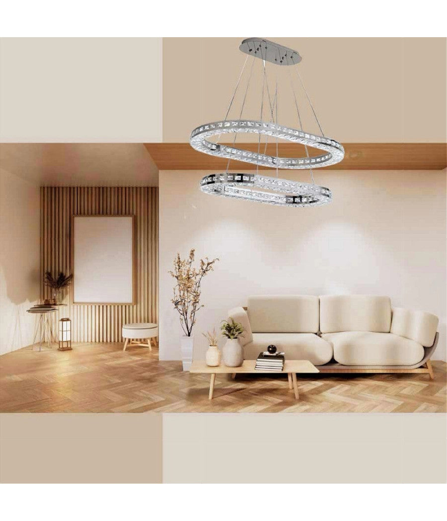 Lampadario Moderno A Sospensione Led Luce Fredda 40w 2 Anelli Ovali Cristalli B49         