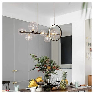 Trade Shop - Lampadario Moderno A Sospensione Nero 7 Sfere G9 Bolle In Vetro Con Cerchio 71676         