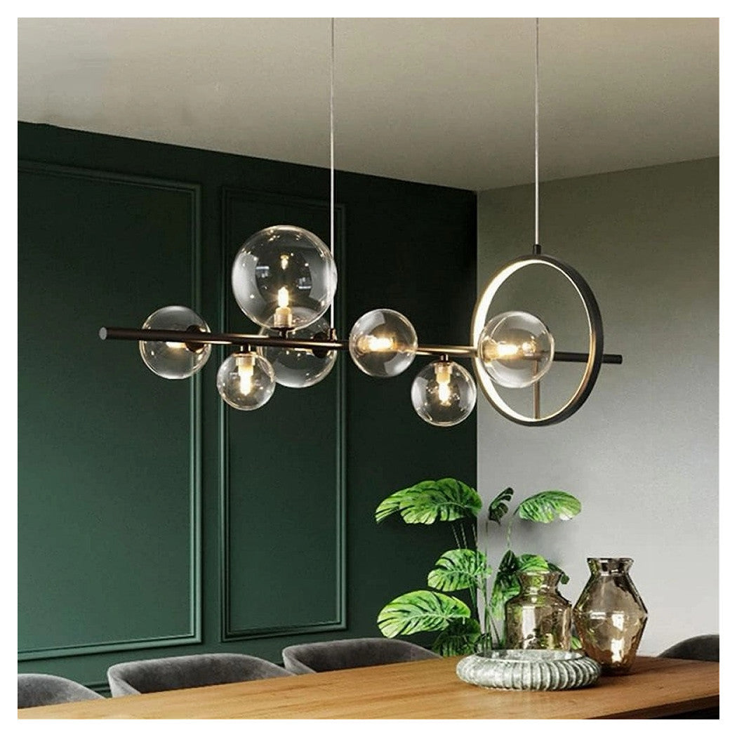 Trade Shop - Lampadario Moderno A Sospensione Nero 7 Sfere G9 Bolle In Vetro Con Cerchio 71676         
