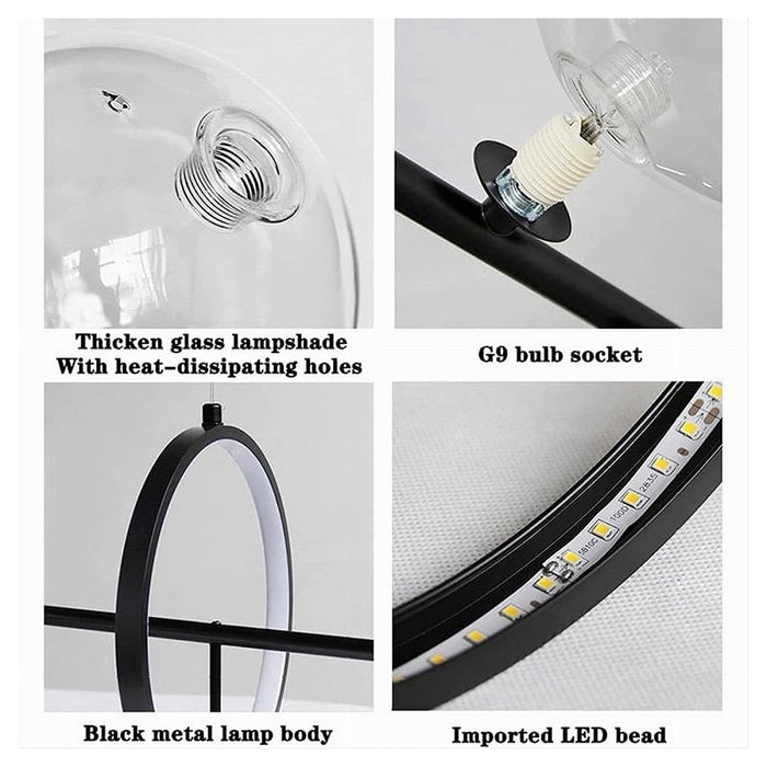 Trade Shop - Lampadario Moderno A Sospensione Nero 7 Sfere G9 Bolle In Vetro Con Cerchio 71676         