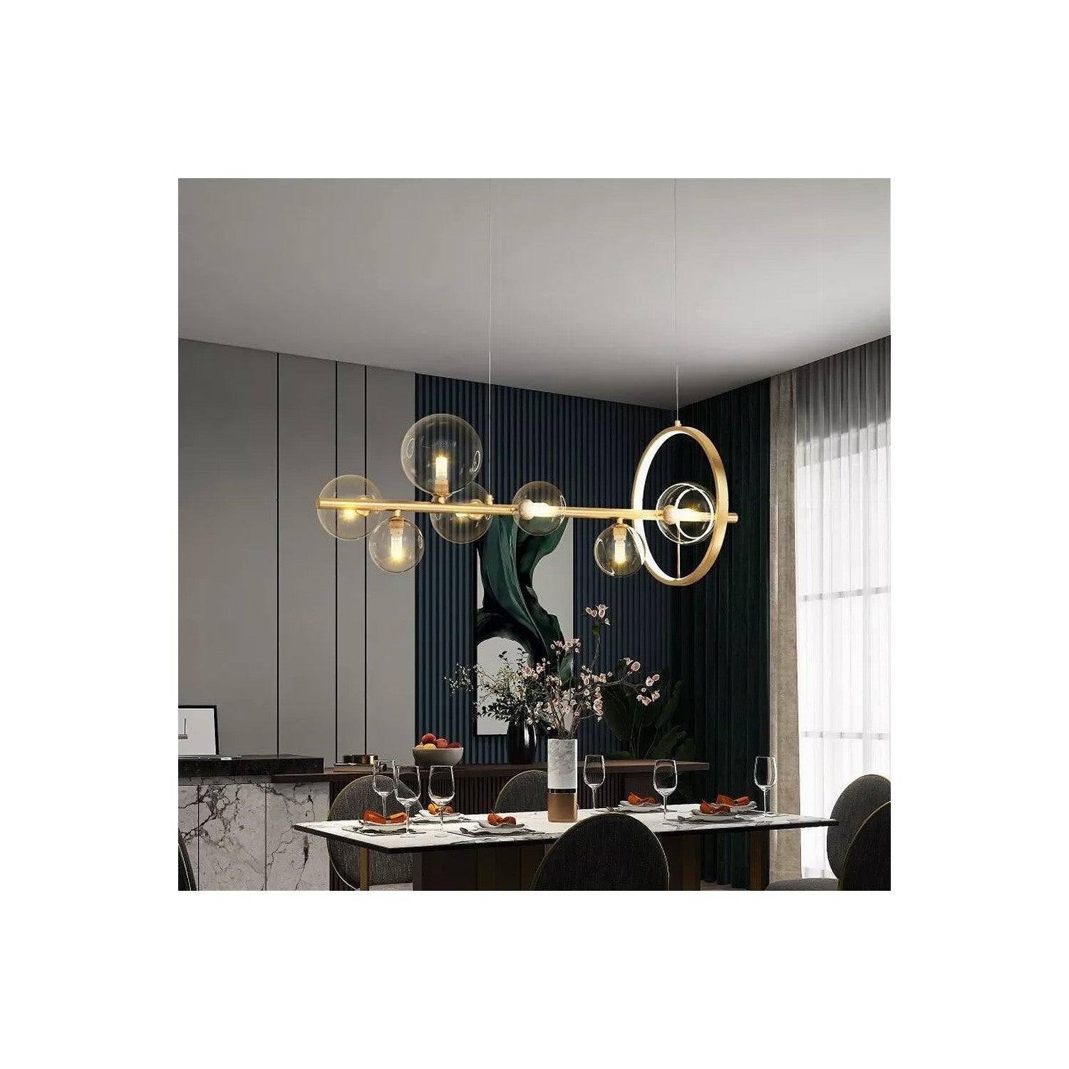 Trade Shop - Lampadario Moderno A Sospensione Oro 7 Sfere G9 Bolle In Vetro Con Cerchio 71683 -
