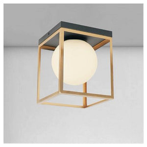 Trade Shop - Lampadario Moderno Nero Oro A Soffitto Plafoniera Quadrata E27 Nordico Con Sfera 32682         