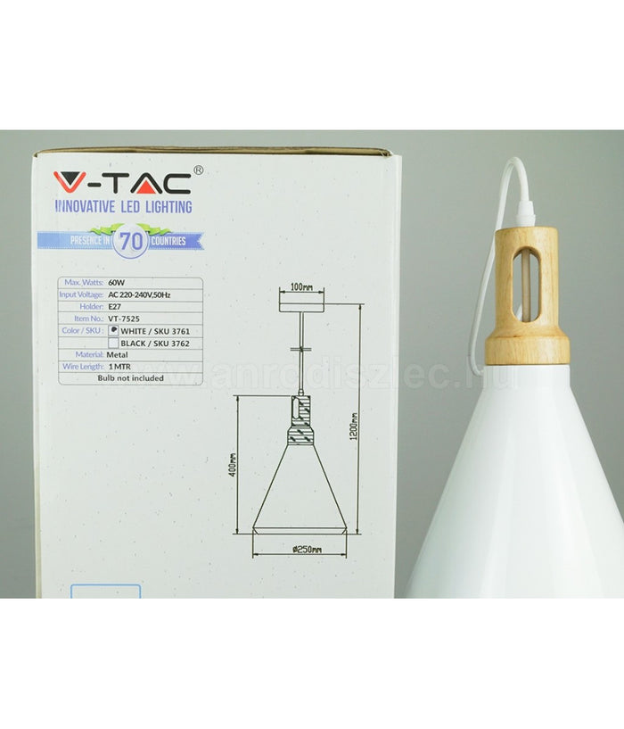 Lampadario Pendente Lampada A Sospensione Parabola Bianca Base In Legno Vt-7525         