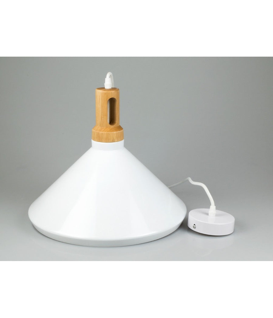 Lampadario Pendente Lampada A Sospensione Parabola Bianca Base In Legno Vt-7535         