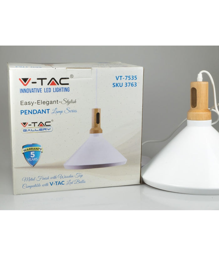 Lampadario Pendente Lampada A Sospensione Parabola Bianca Base In Legno Vt-7535         