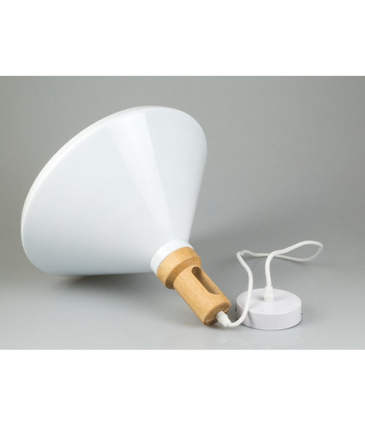 Lampadario Pendente Lampada A Sospensione Parabola Bianca Base In Legno Vt-7535         