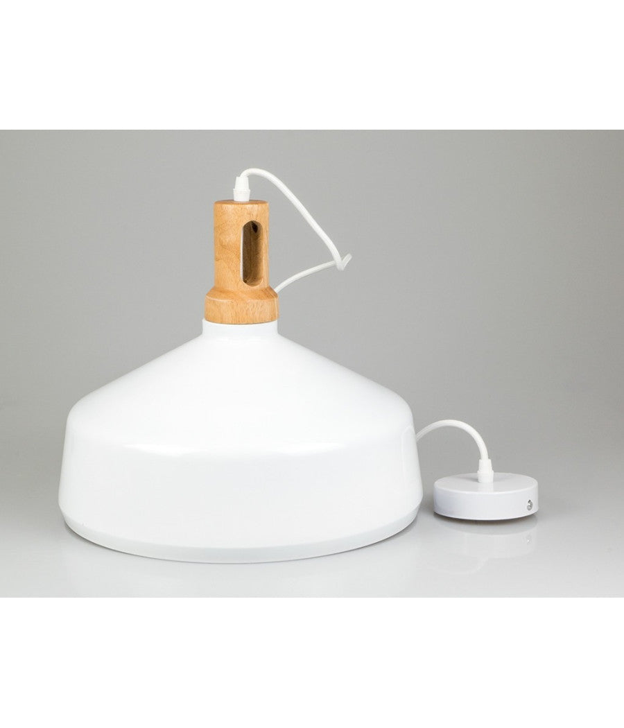 Lampadario Pendente Lampada A Sospensione Parabola Bianca Base In Legno Vt-7545         