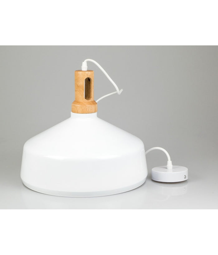 Lampadario Pendente Lampada A Sospensione Parabola Bianca Base In Legno Vt-7545         