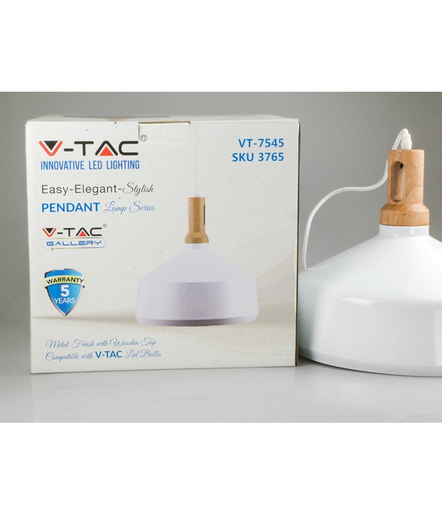 Lampadario Pendente Lampada A Sospensione Parabola Bianca Base In Legno Vt-7545         