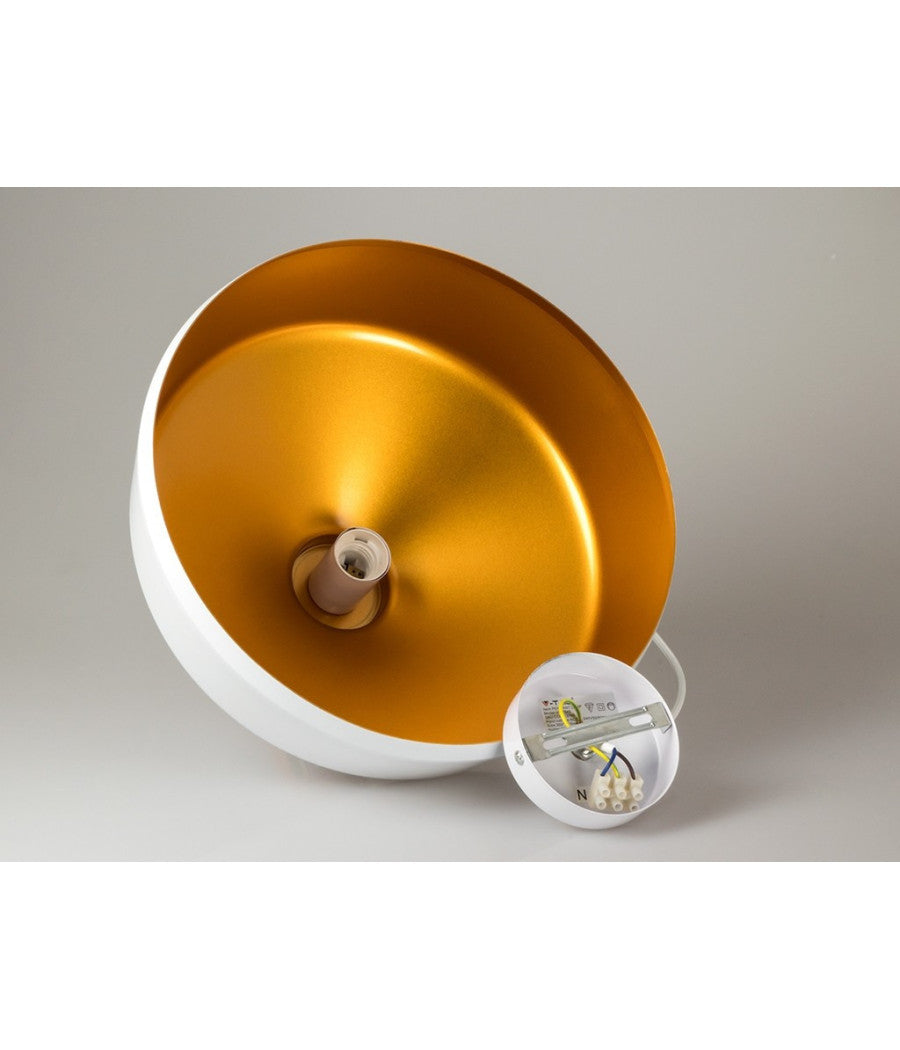 Lampadario Pendente Lampada A Sospensione Parabola Bianca Base In Legno Vt-7545         