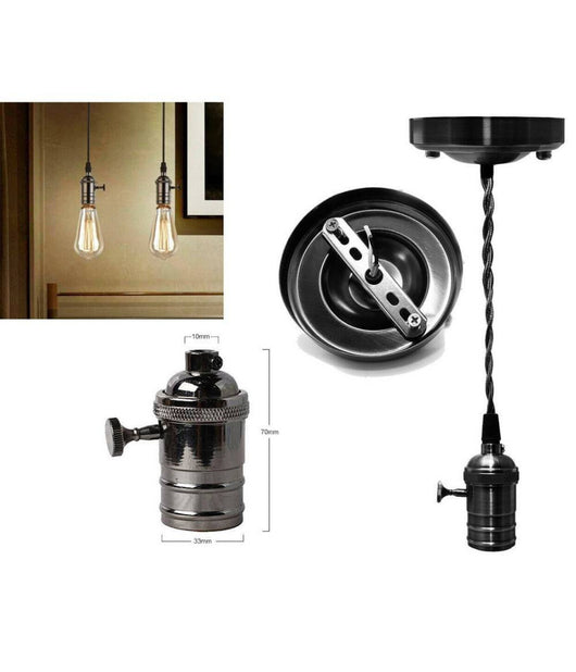 Lampadario Pendente Vintage Da Soffitto Sospensione E27 Con Interruttore Nero Metal         