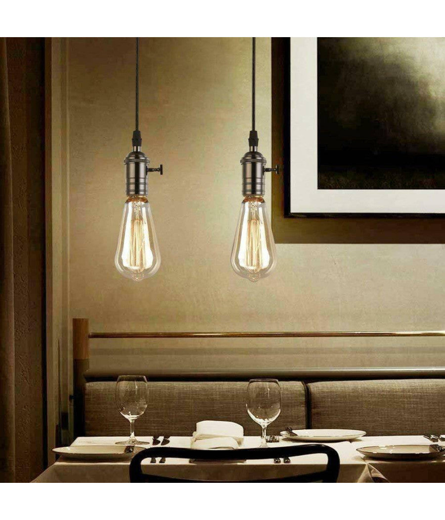 Lampadario Pendente Vintage Da Soffitto Sospensione E27 Con Interruttore Nero Metal         