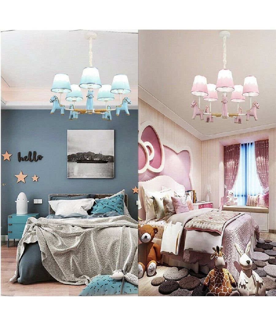 Lampadario Per Cameretta A Sospensione Cavallo In Resina 5 Portalampada E27 A45         