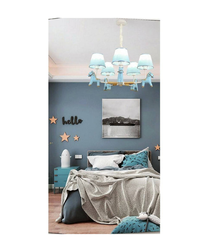 Lampadario Per Cameretta A Sospensione Cavallo In Resina 5 Portalampada E27 A45  Blu       