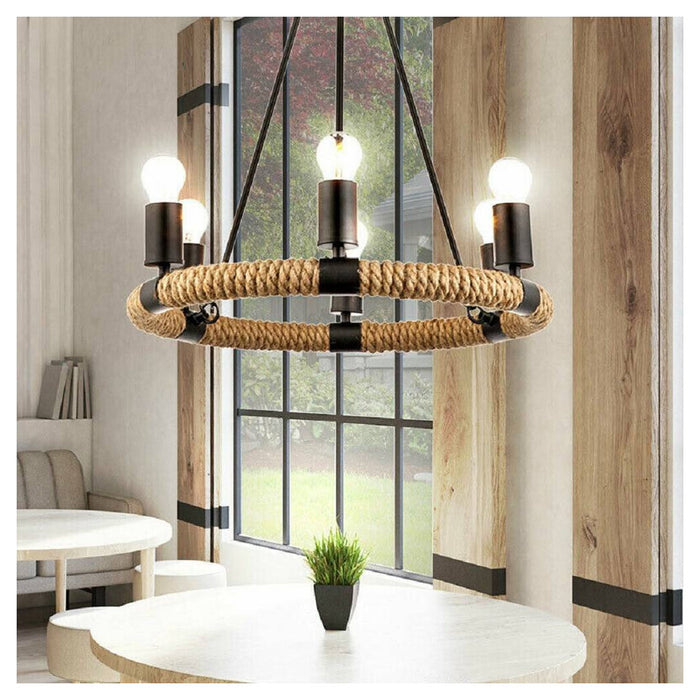 Lampadario Rotondo Rustico In Canapa Metallo Attacco E27 Lampada Industriale A20