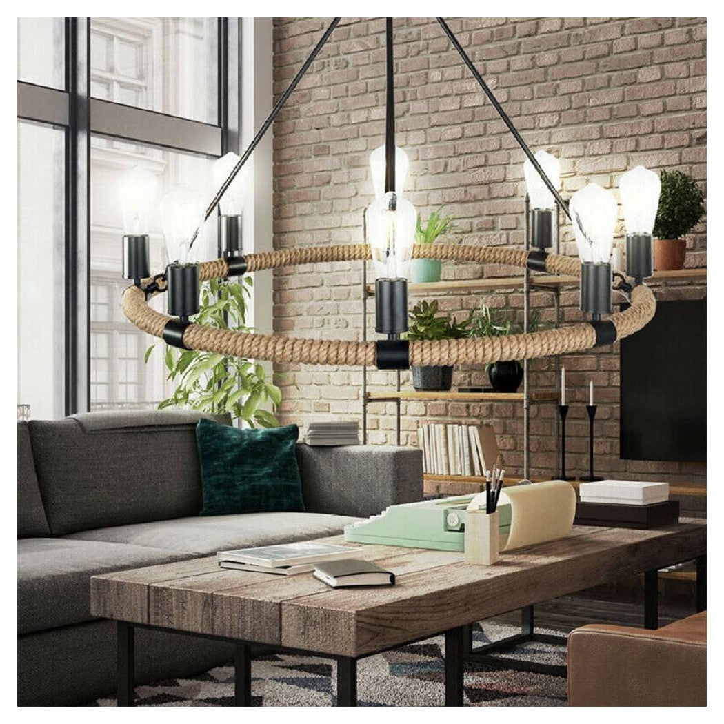 Lampadario Rotondo Rustico In Canapa Metallo Attacco E27 Lampada Industriale A20