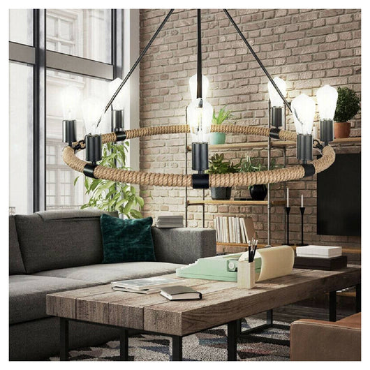 Lampadario Rotondo Rustico In Canapa Metallo Attacco E27 Lampada Industriale A20