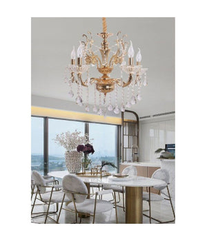 Lampadario Soffitto 5 Bracci A Sospensione Con Catena Gocce Pendenti Lampada A12  Oro       