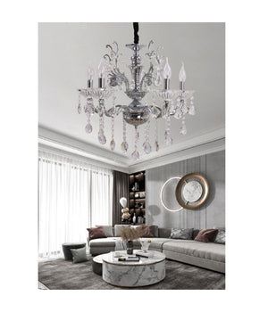 Lampadario Soffitto 5 Bracci A Sospensione Con Catena Gocce Pendenti Lampada A12  Argento       