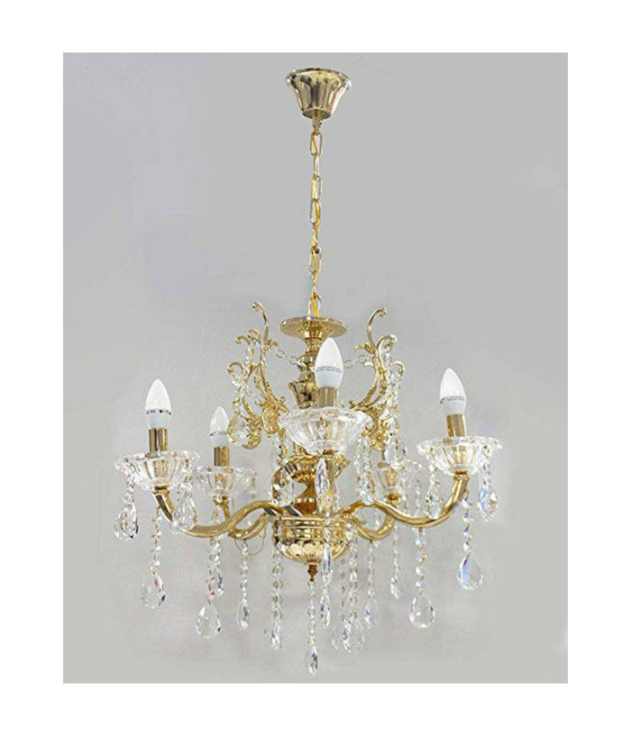 Lampadario Soffitto 5 Bracci A Sospensione Con Catena Gocce Pendenti Lampada A12  Oro       