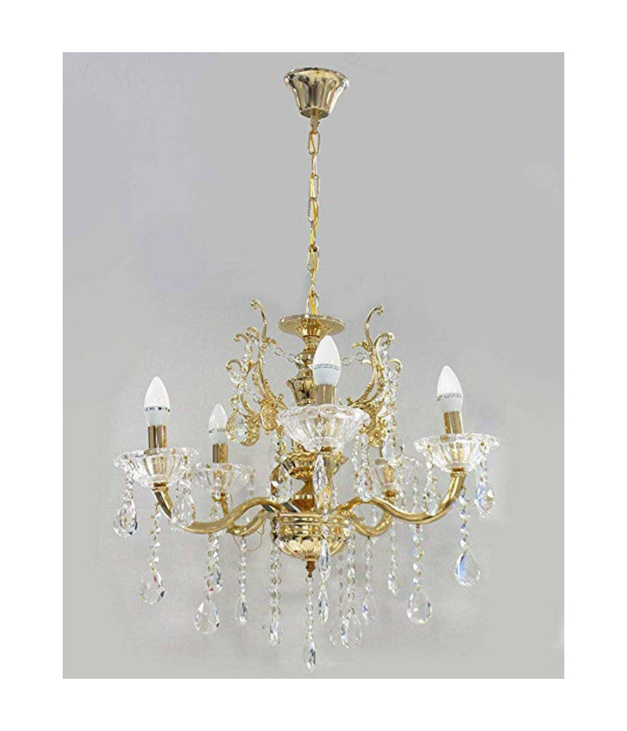 Lampadario Soffitto 5 Bracci A Sospensione Con Catena Gocce Pendenti Lampada A12  Oro       