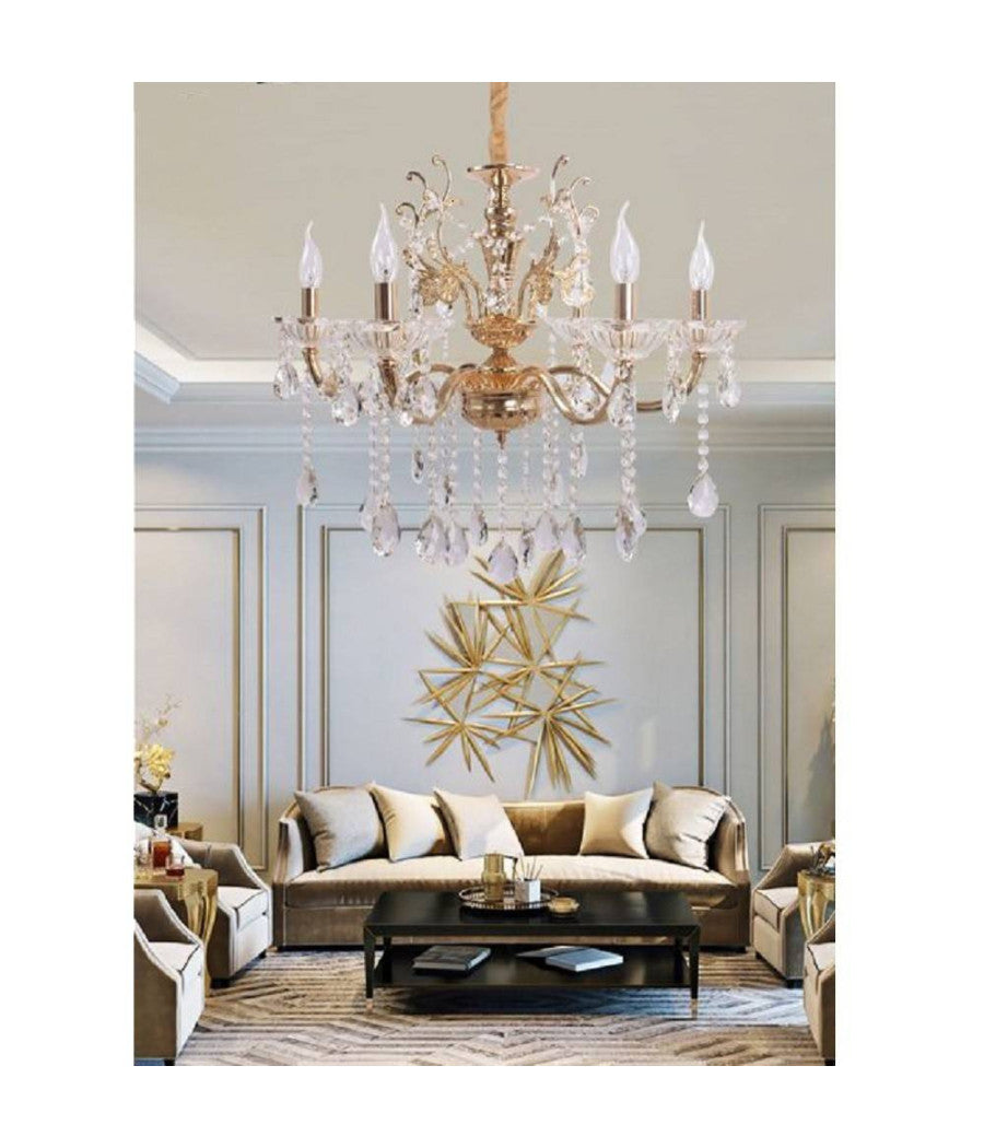 Lampadario Soffitto 6 Bracci Sospensione Plafoniera Sfere Cristalli Pendenti A18  Oro       