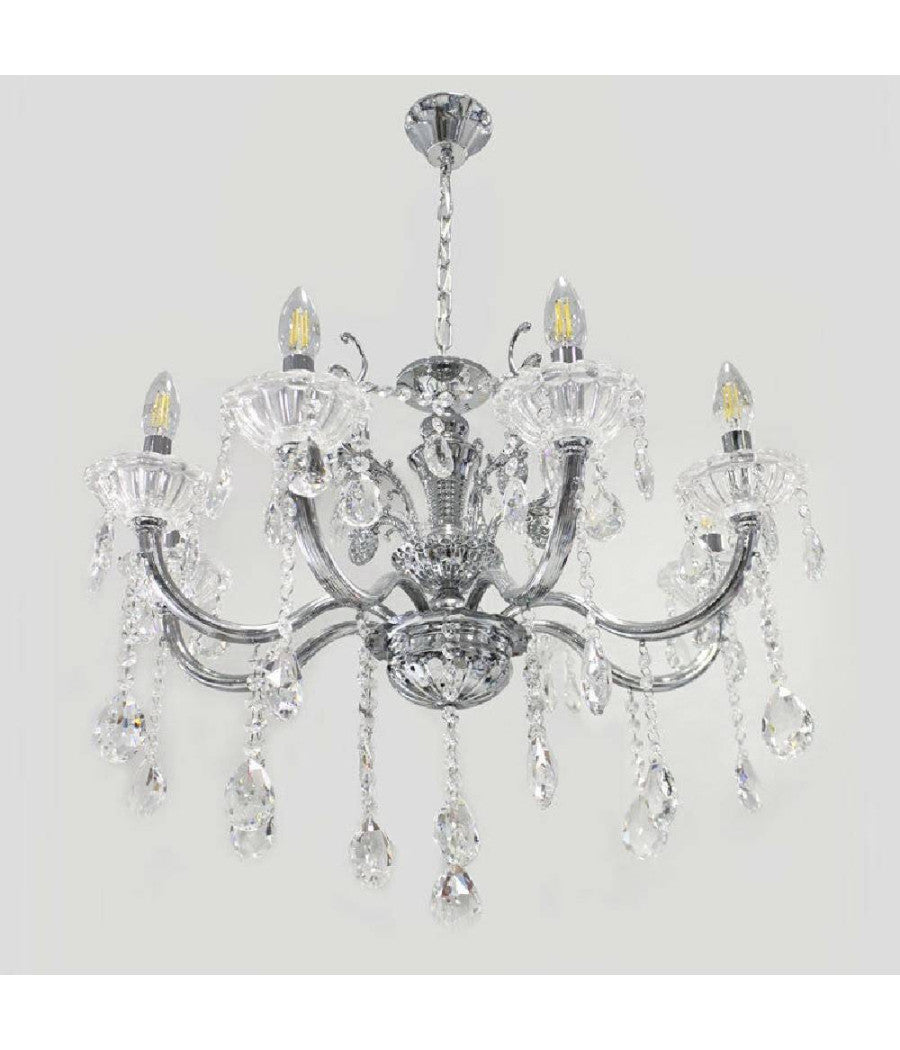 Lampadario Soffitto 6 Bracci Sospensione Plafoniera Sfere Cristalli Pendenti A18  Argento       