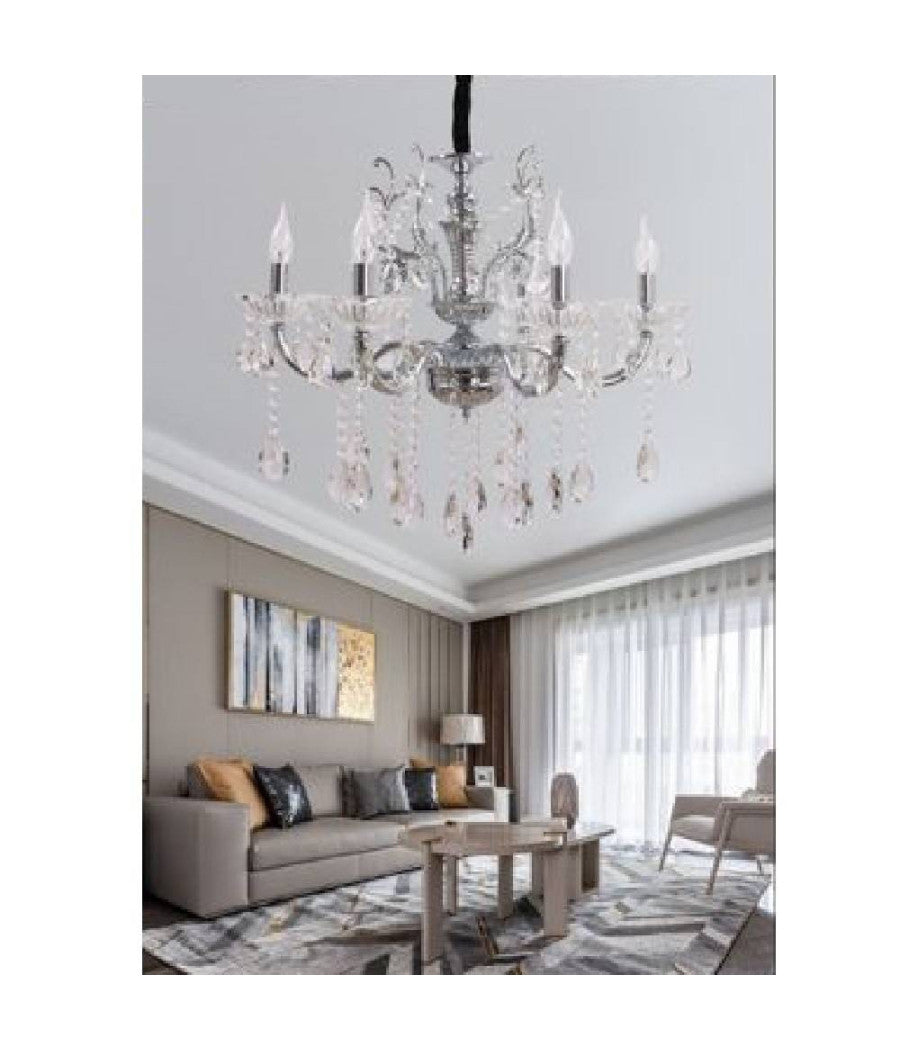 Lampadario Soffitto 6 Bracci Sospensione Plafoniera Sfere Cristalli Pendenti A18  Argento       