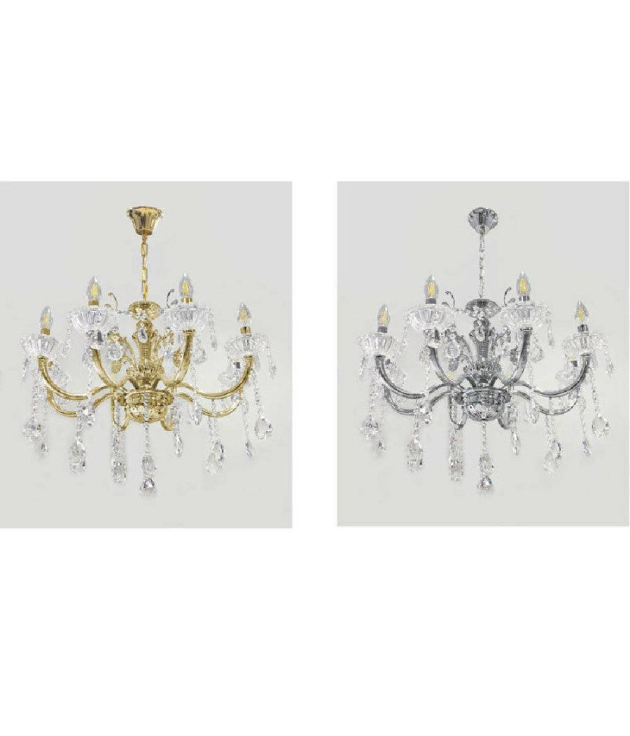 Lampadario Soffitto 8 Bracci Attacco E14 Pendenti Acrilico Oro Argento A19         