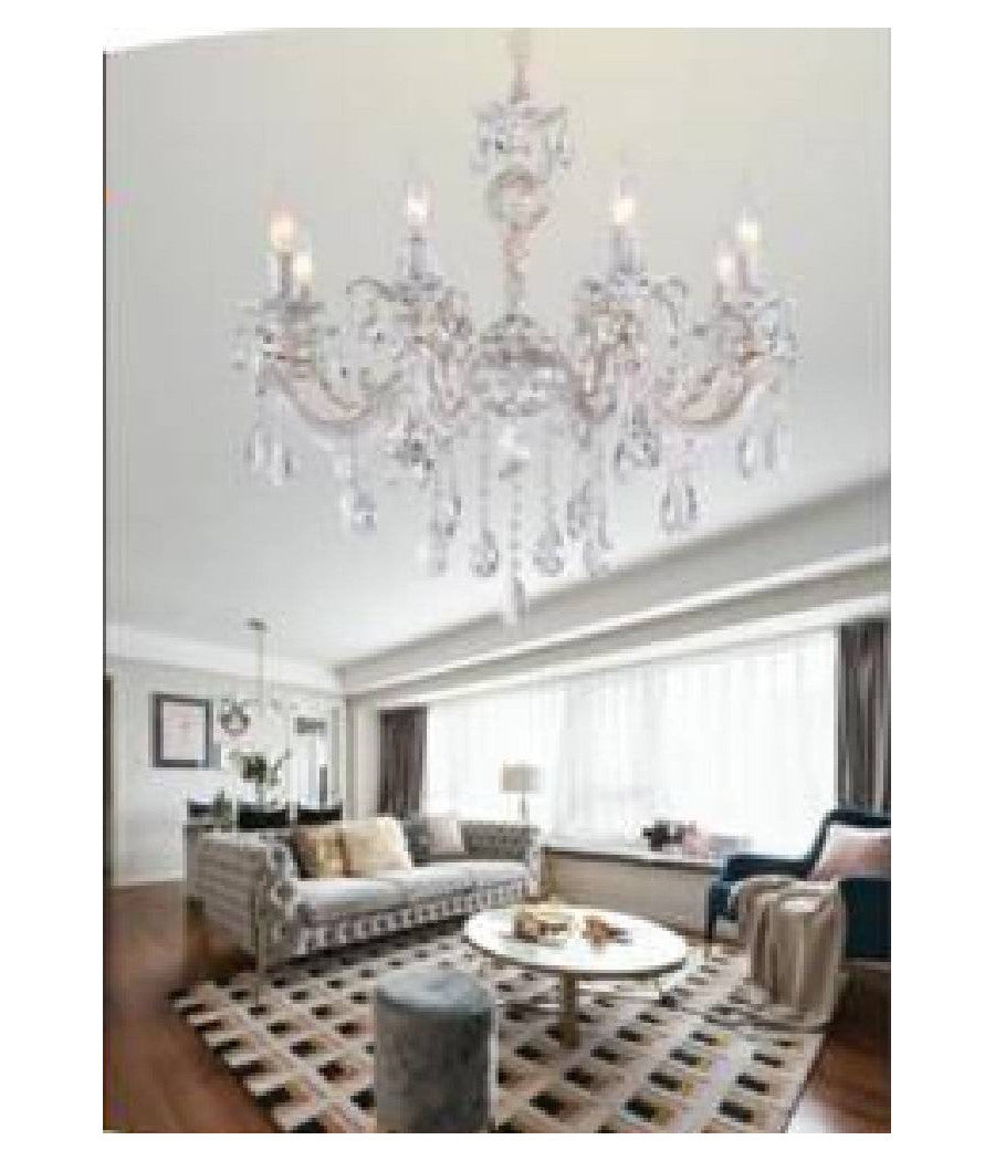 Lampadario Soffitto Classico 8 Bracci Attacco E14 Vetro Effetto Cristallo A01-8         