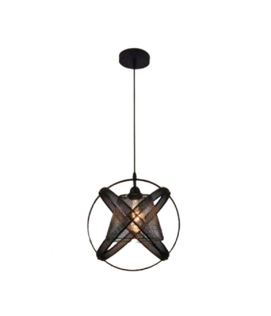 Lampadario Soffitto Con Paralume 3 Anelli Metallo Traforato Nero Attacco E27 A62         