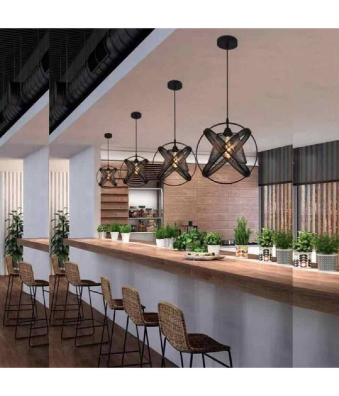 Lampadario Soffitto Con Paralume 3 Anelli Metallo Traforato Nero Attacco E27 A62         