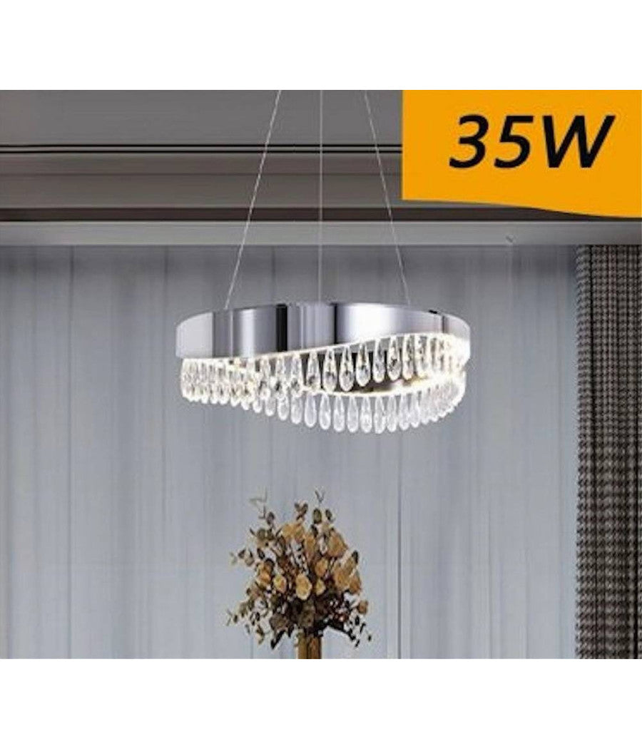 Lampadario Soffitto Led 35 W Sospeso Argento Con Cristalli Luce Fredda 8000k B79         