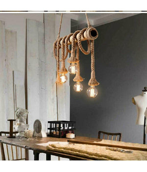 Lampadario Sospensione Con Corda In Canapa 4 Portalampada E27 Stile Country B23         