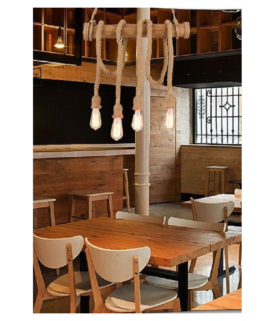 Lampadario Sospensione Con Corda In Canapa 4 Portalampada E27 Stile Country B23         