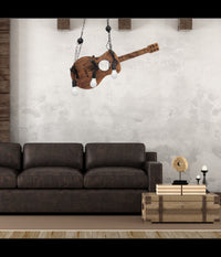 Lampadario Sospensione Design Guitar In Legno Forma Chitarra 6 Attacchi E27 A53         