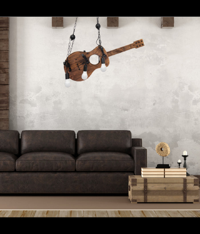 Lampadario Sospensione Design Guitar In Legno Forma Chitarra 6 Attacchi E27 A53         