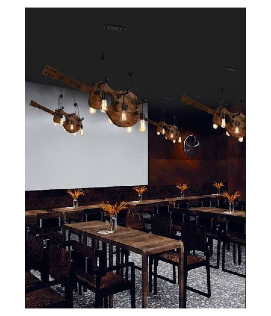 Lampadario Sospensione Design Guitar In Legno Forma Chitarra 6 Attacchi E27 A53         