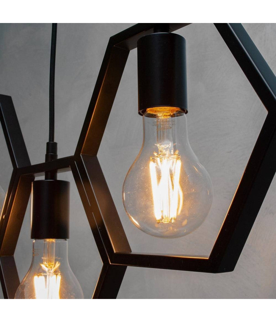 Lampadario Sospensione Geometrico Esagonale E27 Industriale Nero Vintage Lp-89n         