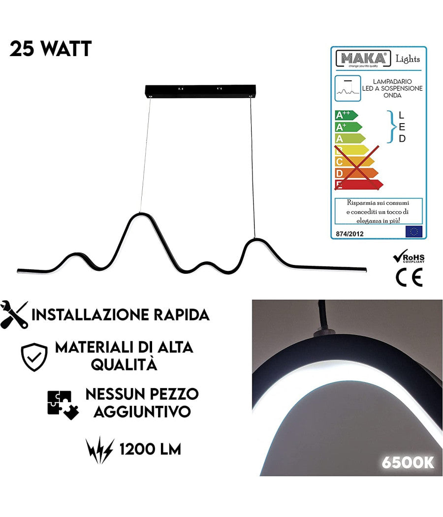 Lampadario Sospensione Led 25w Moderno Onda Sfalsata Luce 4000k 6500k 3000k B73n         