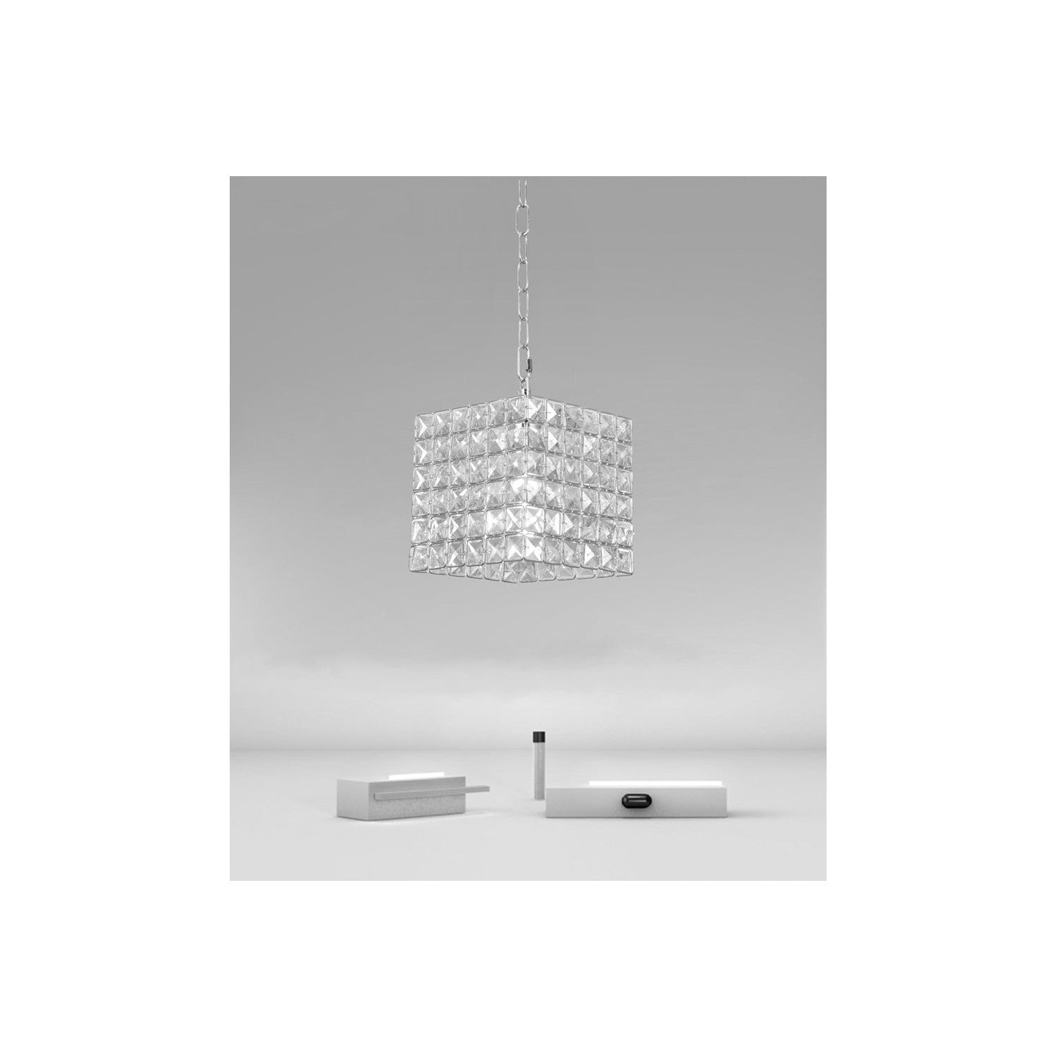 Trade Shop - Lampadario Sospeso Cubo Con Cristalli Lampada Luce E27 Argento Quadrato 32323 -