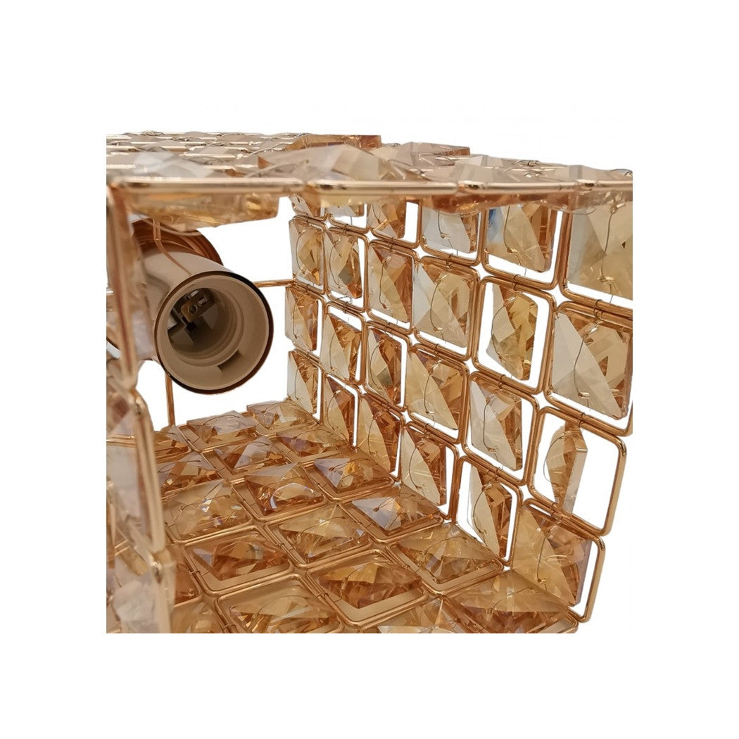 Trade Shop - Lampadario Sospeso Cubo Cristalli Lampada Luce Attacco E27 Oro Quadrato 32309 -
