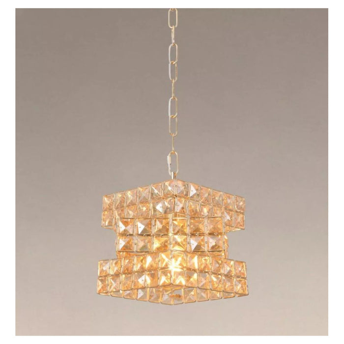Trade Shop - Lampadario Sospeso Cubo Intrecciato Con Cristalli Lampada Luce E27 Oro 32385 -